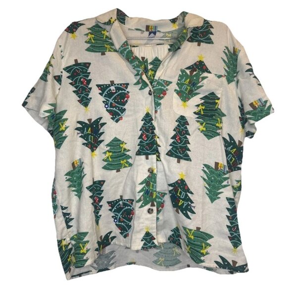 Old Navy Flannel Christmas Tree Short Sleeve Shirt & Shorts Pajama Set Sz L NEW - Picture 1 of 14